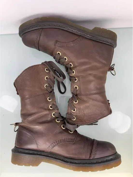 Dr Martens Aimilita W Sz 9 Brown Leather Fold Down Herringbone Tweed Lined Boots - Picture 5 of 9